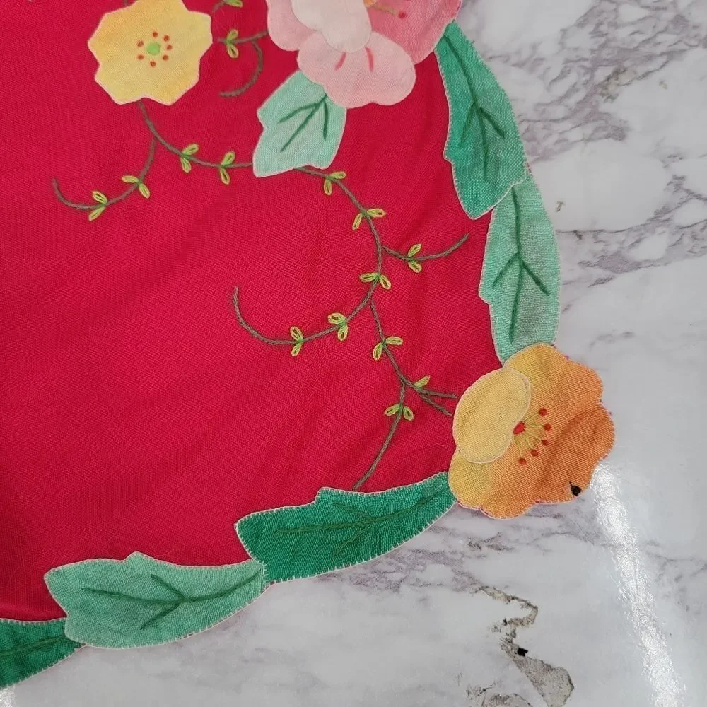 Vintage Placemat Set Red and Blue with Hand Embroidered Flowers Leaves 4pc